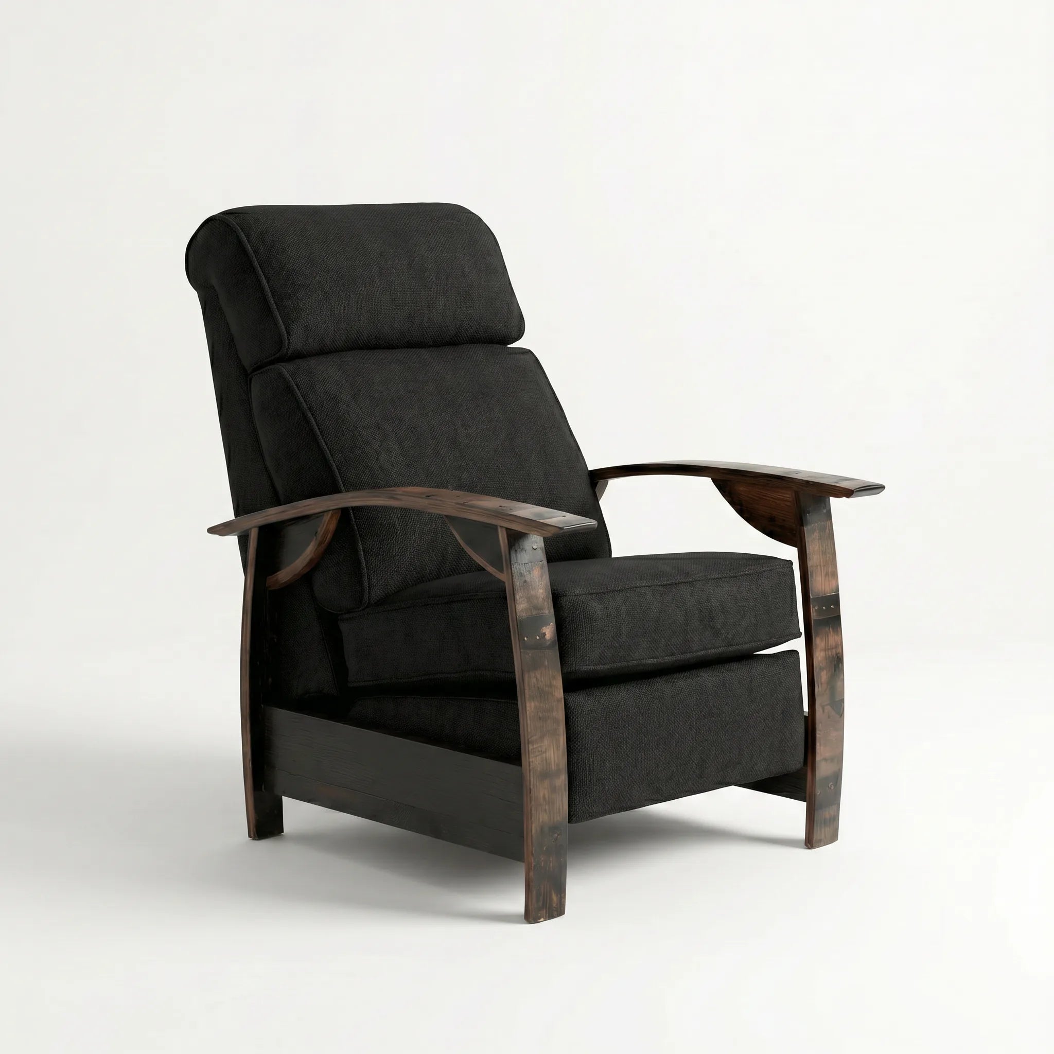 Whiskey Barrel Recliner - Black Plush Fabric