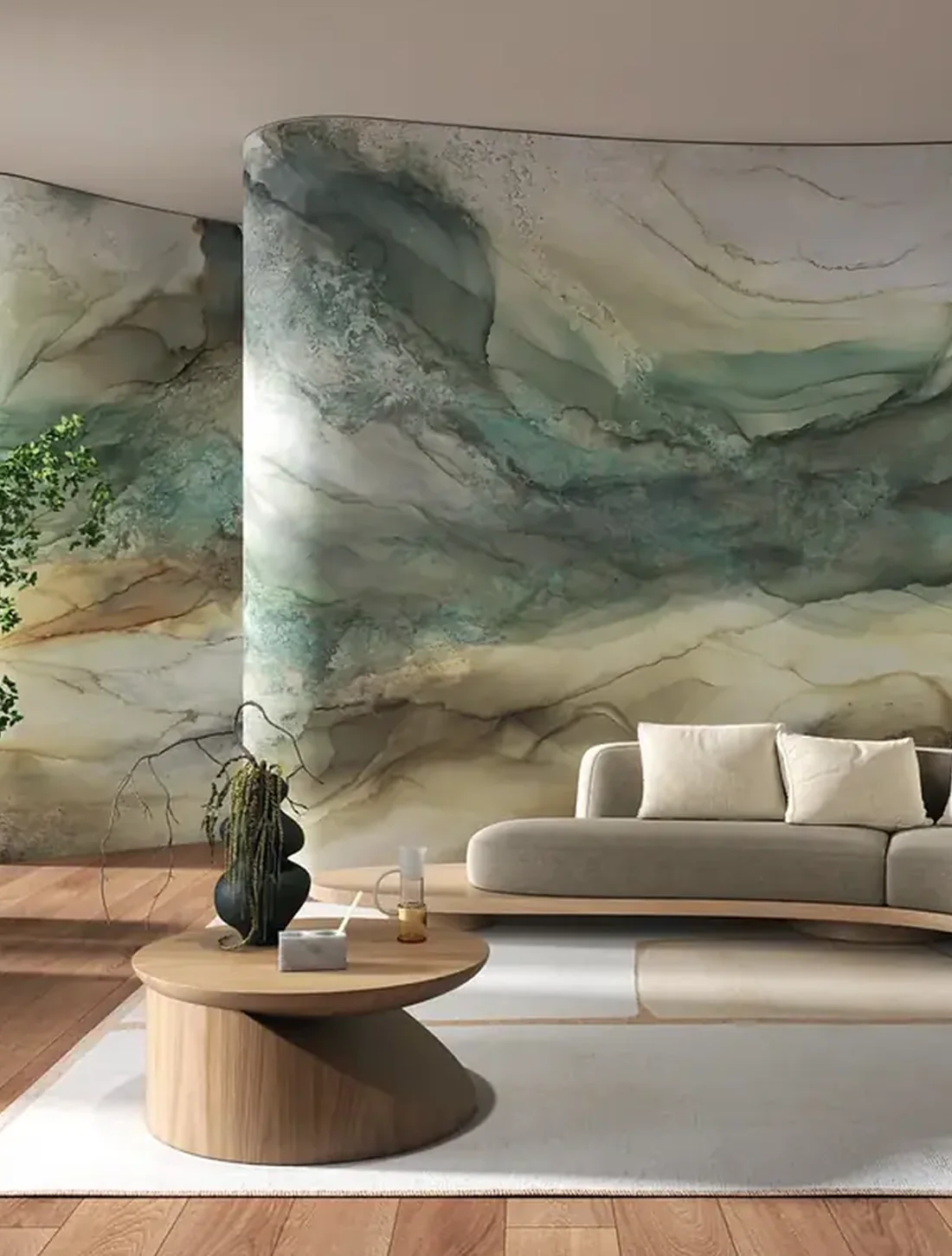 Tecnografica Radici wallcovering in a curved contemporary living room