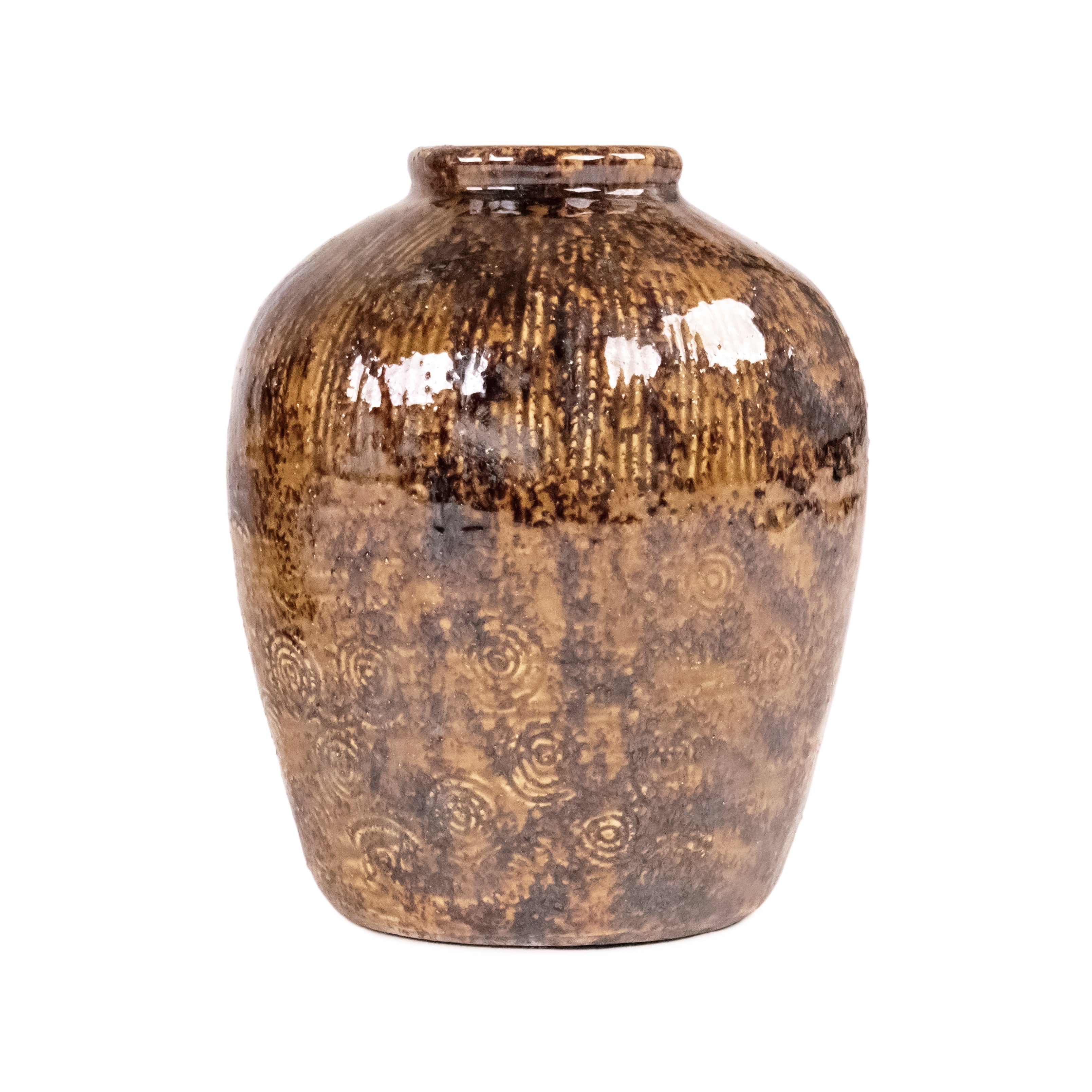 Burnished Amber Ribbed Ceramic Vase