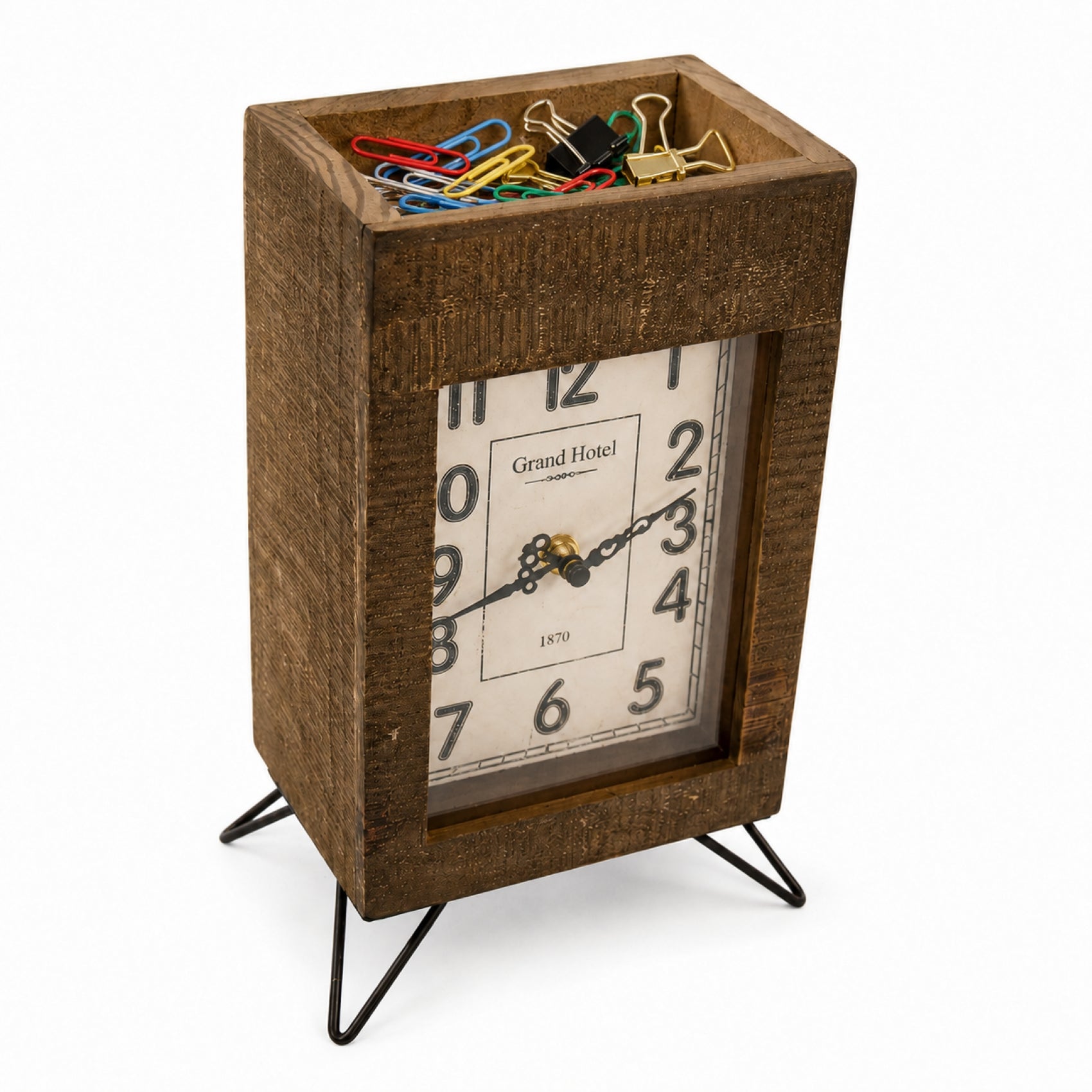 Grand Hotel Wood Organizer Table Clock