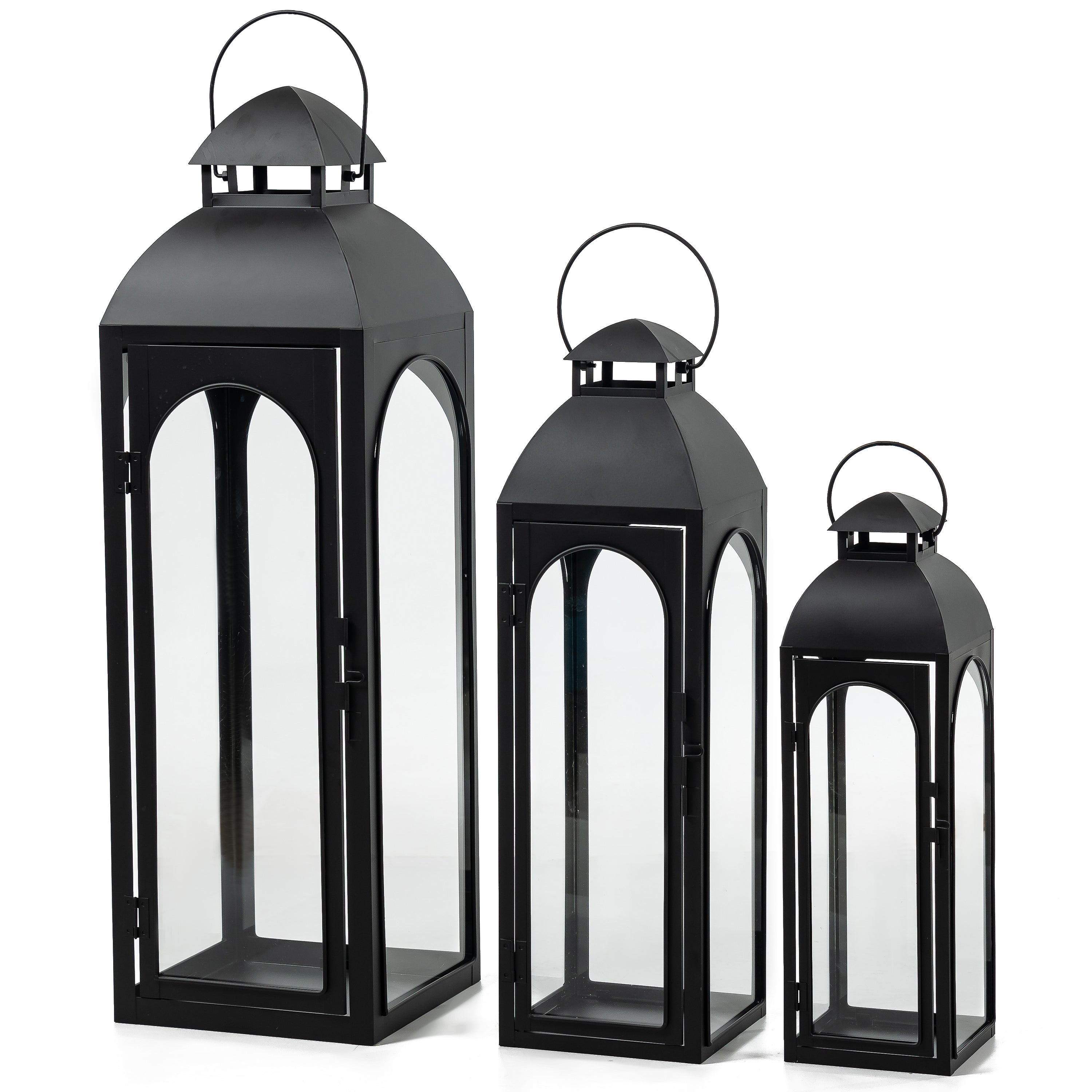 Noir Arc Matte Black Metal Lantern Set (Set of 3)