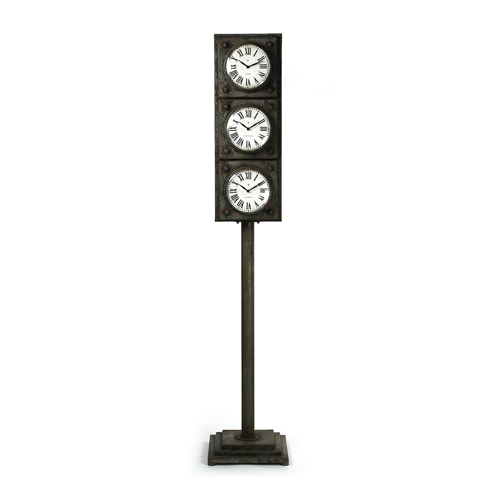 Triple-Time Industrial Floor Clock with Hidden Storage