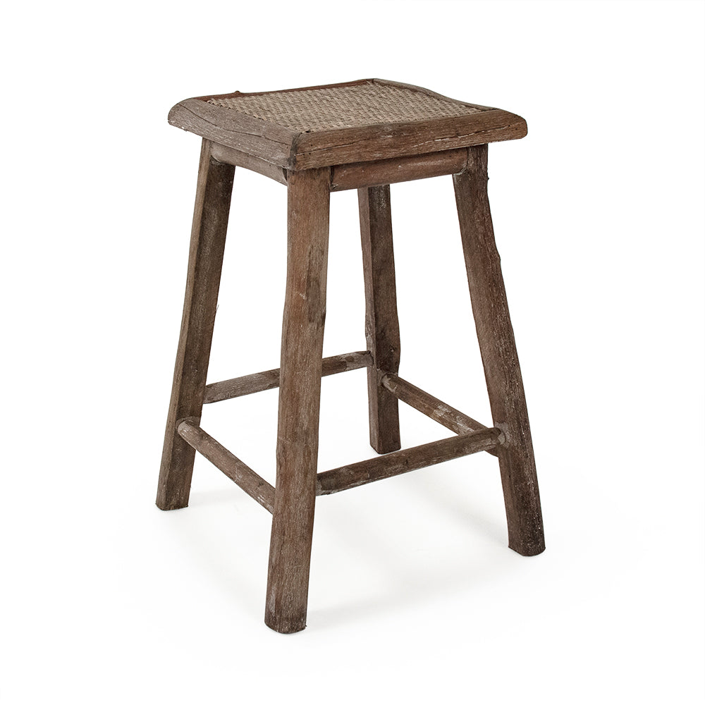Rustic Rattan Top Wooden Stool