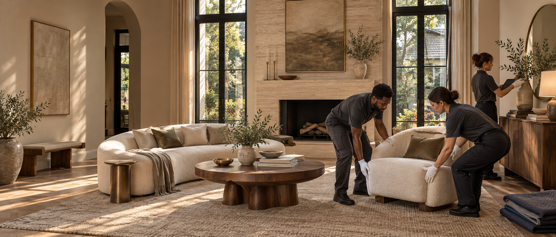 Illustrative white-glove installation crew arranging a luxury living room