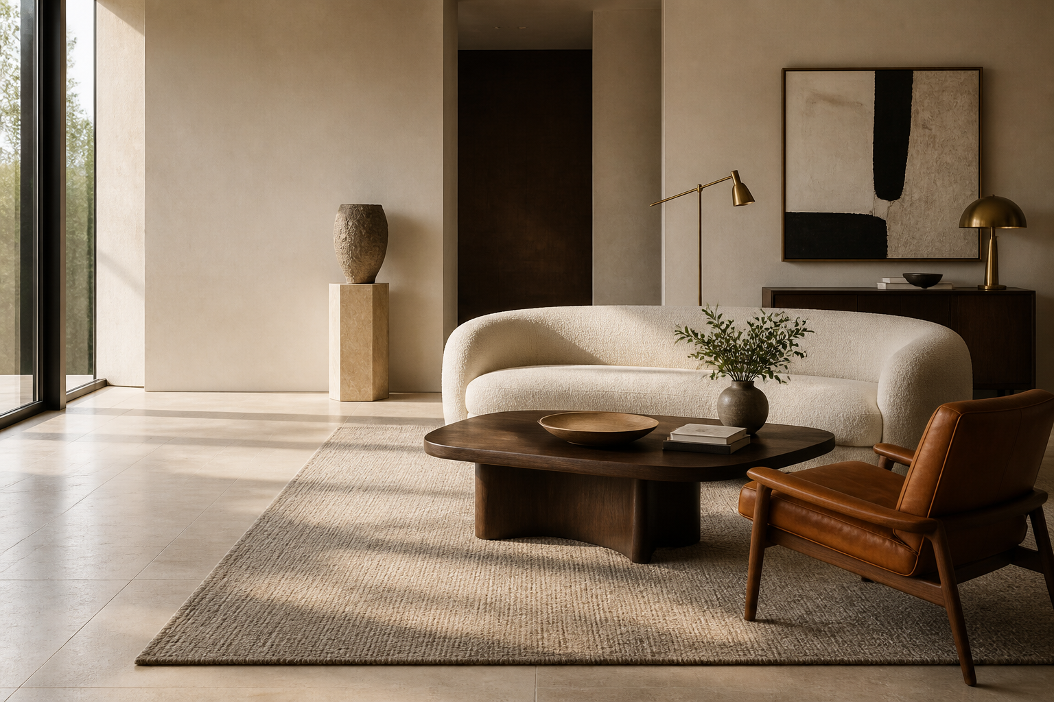 Considered living room with coordinated furniture and lighting