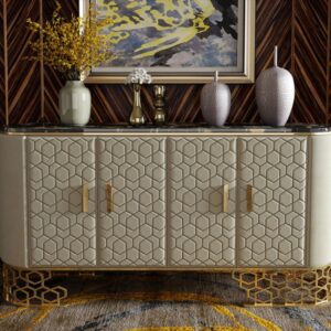Oval Off-White Leather Marble Top Console Table