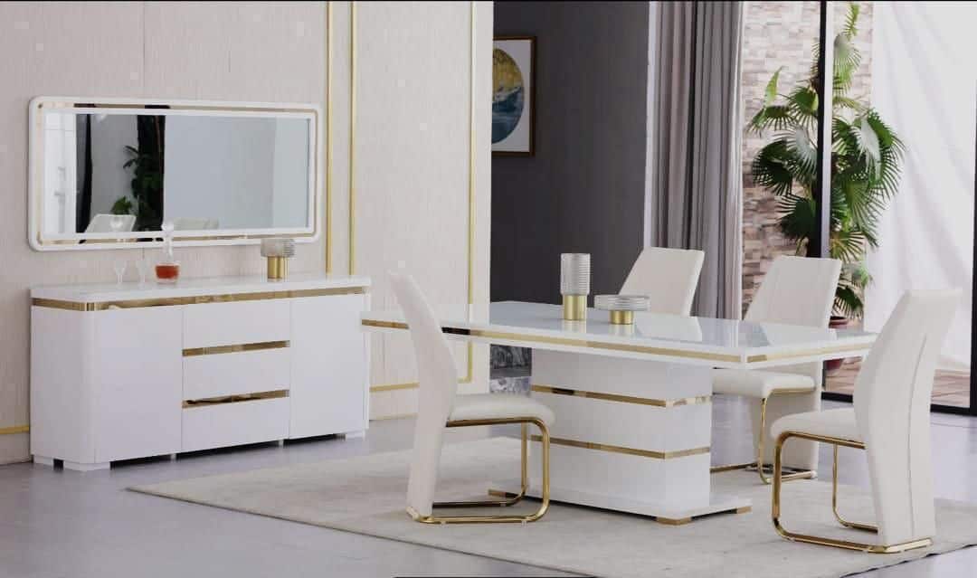 White Tempered Glass with Gold Trim Dining Room Set
