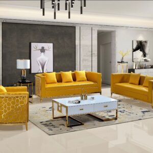 Transform your living space into a sophisticated oasis with the striking elegance of the Yellow with Gold Living Room Set. This luxurious combination of warm yellow and rich gold accents creates a vibrant yet refined atmosphere, perfect for modern and classic interiors alike.