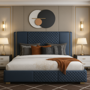 STEEL AND LEATHER BLUE AND GOLD BED FRAME
