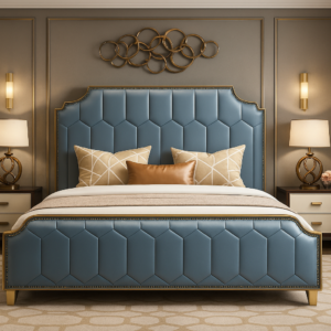 Blue Leather and Gold steel Bed Frame