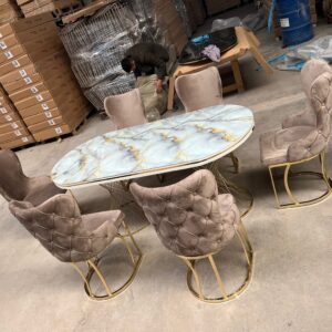 G-ES064 White Oval Glass Gray Marble Dining Set