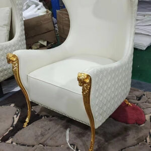 White Leather Accent Chair with Gold Trimming