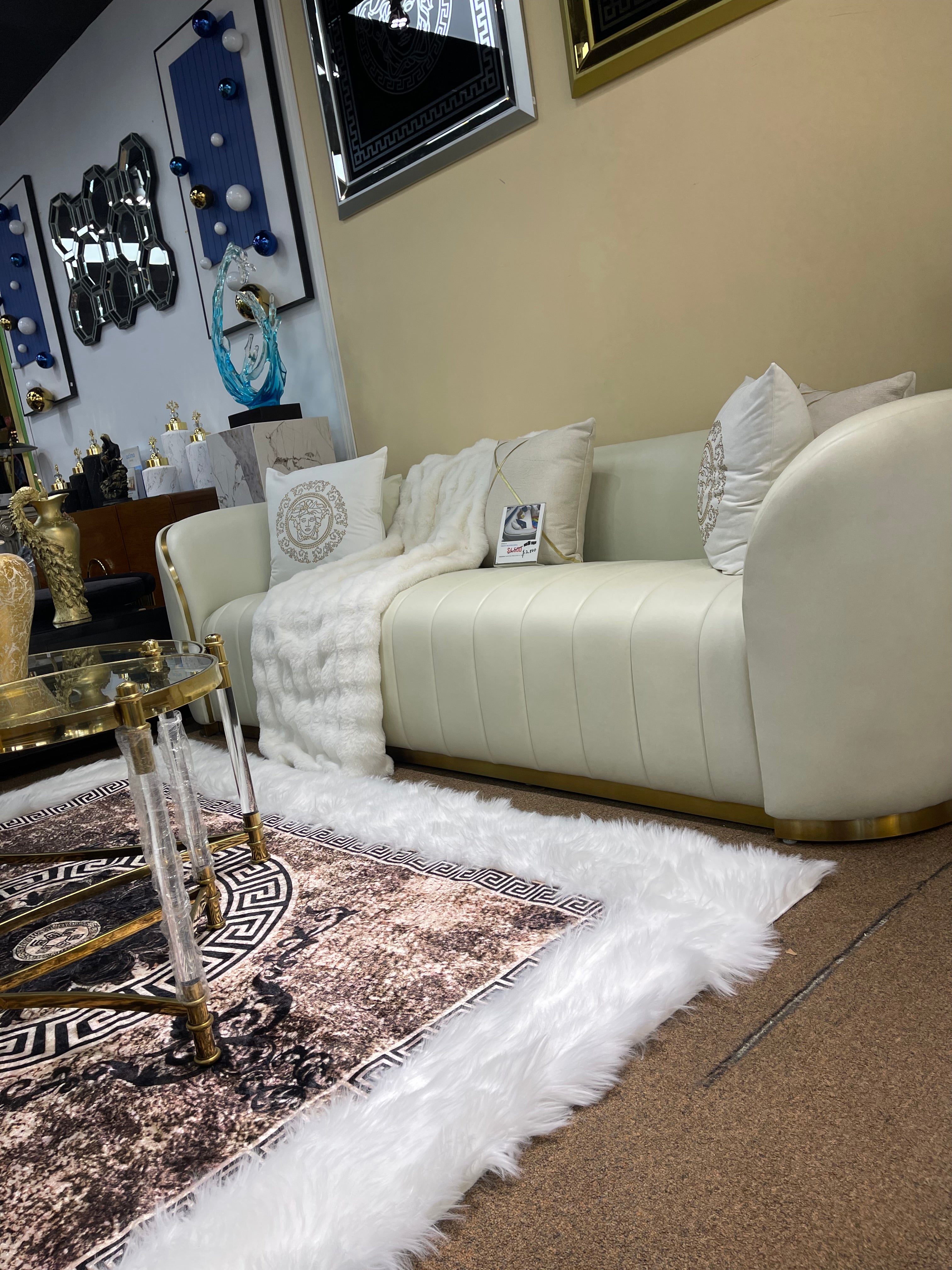 Upgrade Your Living Room with Off-White/Cream Genuine Leather Settee | Titanium Gold Trim | Comfortable Sofa & Armchair - Image 4