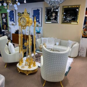Upgrade Your Living Room with Off-White/Cream Genuine Leather Settee | Titanium Gold Trim | Comfortable Sofa & Armchair