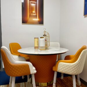 Orange Modern Round Marble Top Dining Table Set