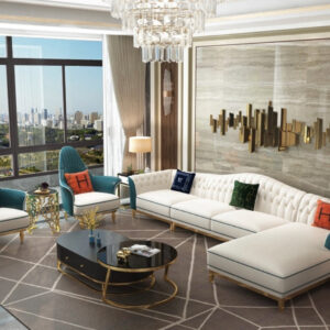 White & Teal Leather Sectional Sofa