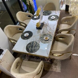 White Benz Modern Marble Dining Table & 6 Beige Chair Settee