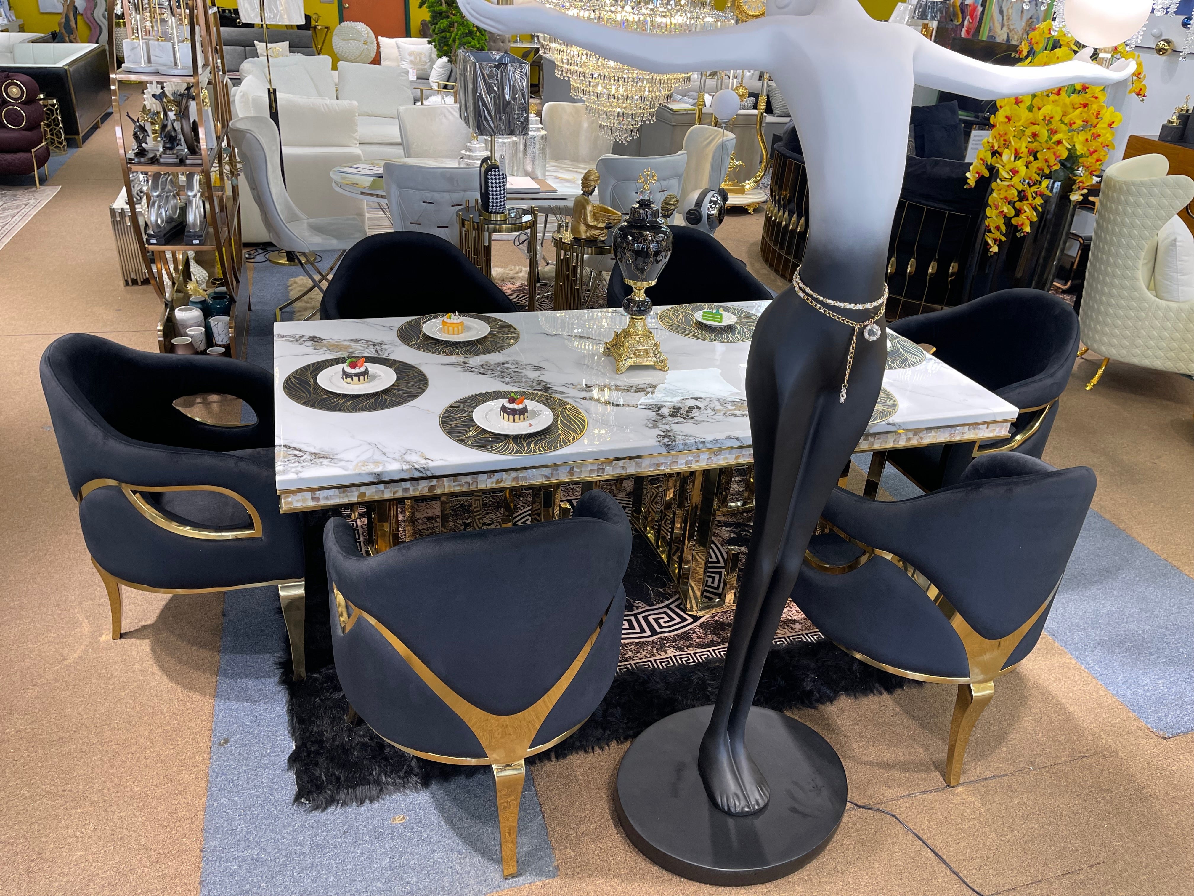 White Modern Marble Dining Table & Black Chair Settee - Image 6