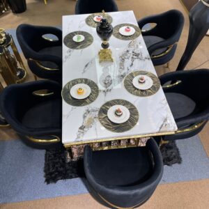 White Modern Marble Dining Table & Black Chair Settee