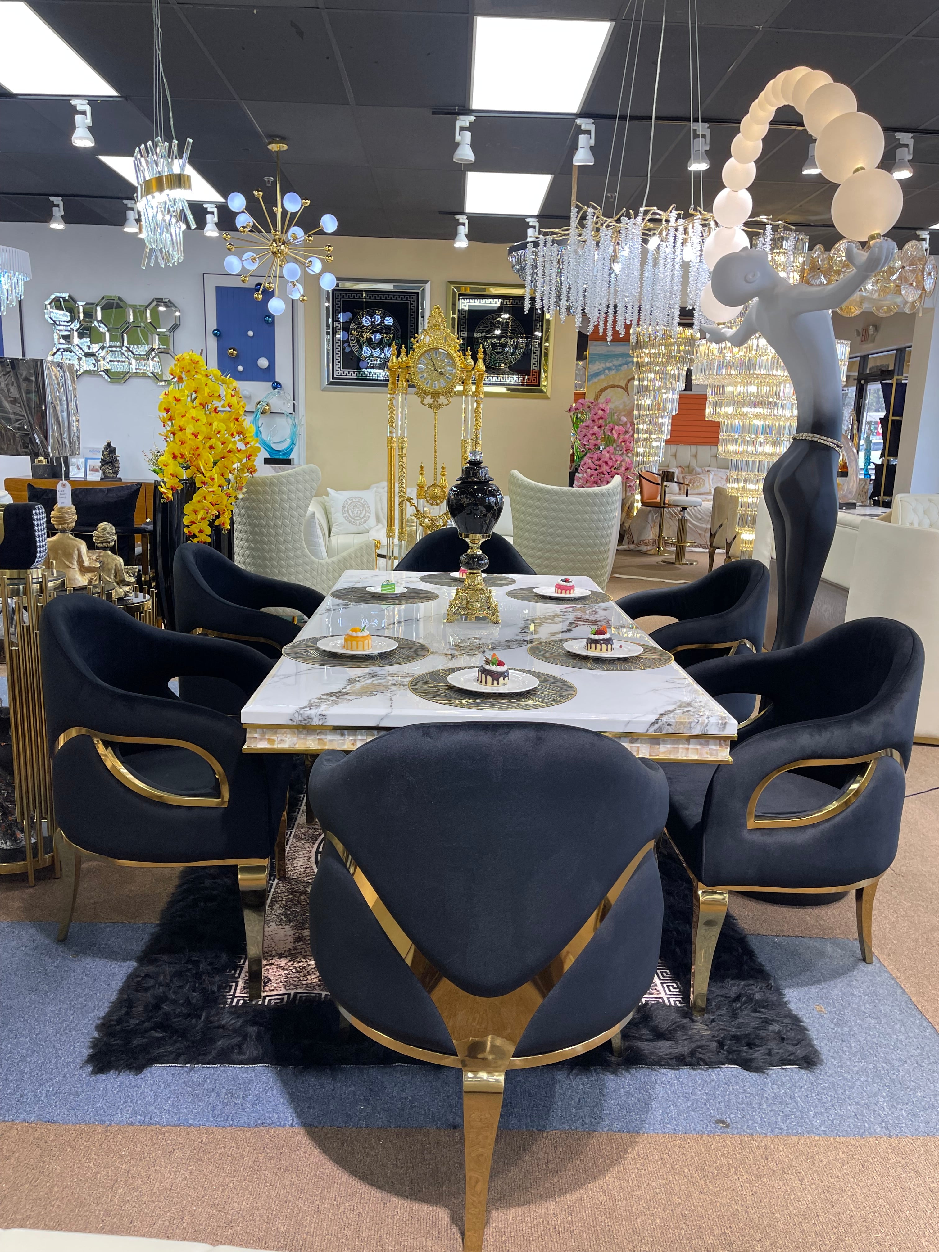 White Modern Marble Dining Table & Black Chair Settee - Image 2