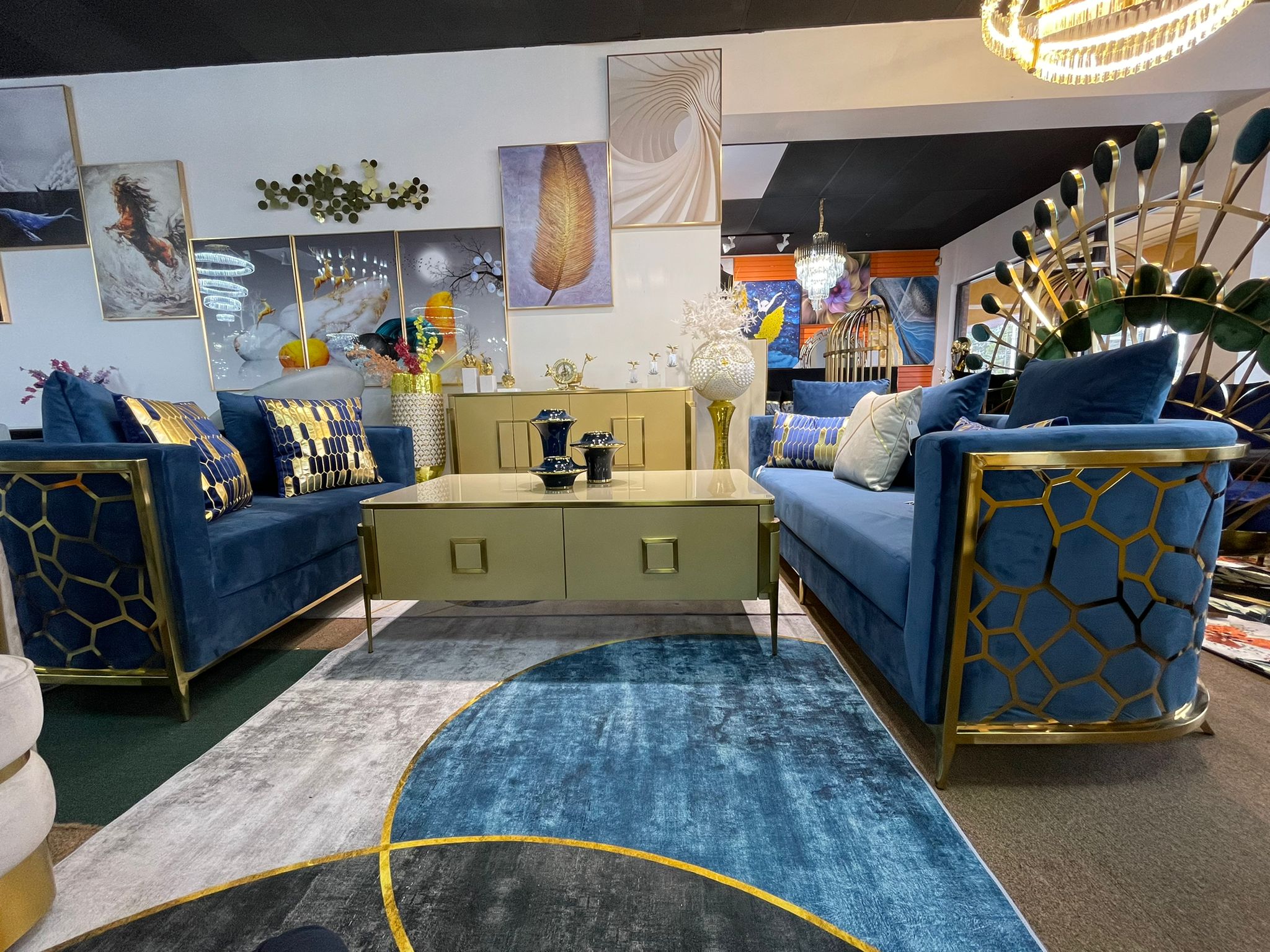 Blue With Gold Sofa Living Room Set