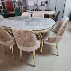 G-ES067 Cream Oval Glass Marble Top Dining Set