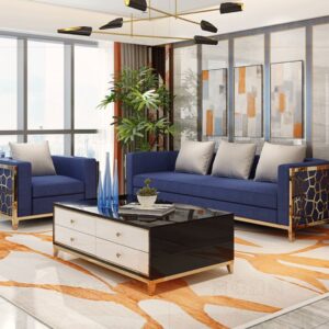 Blue With Gold Sofa Living Room Set