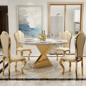 Marble Round Table Top with Gold Spiraling Legs Dining Room Set