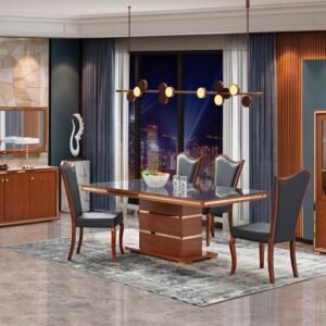 Wooden With Gold Trim Tempered Glass Top Dining Room set