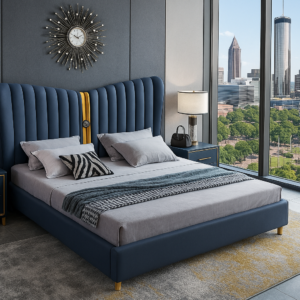 Blue Modern Leather and Titanium Gold Steel Bed