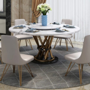 MODERN MARBLE TOP TABLE WITH BANDED STEEL BASE
