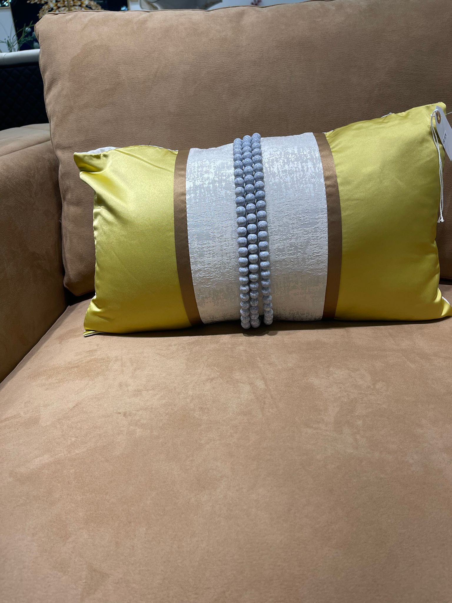 Yellow and White Beaded Throw Pillow