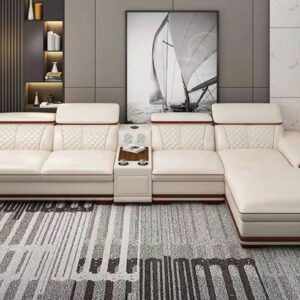White Leather Media room Sectional